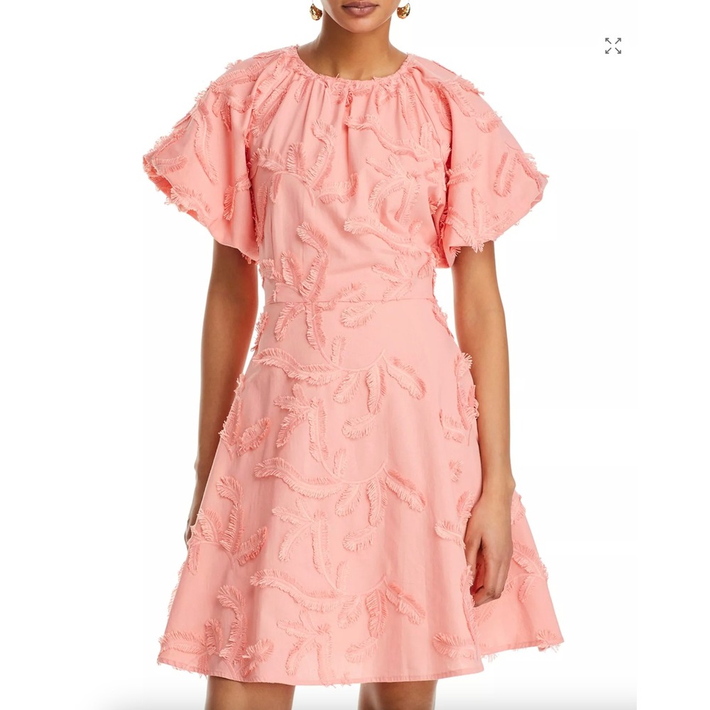 Misook Fringe Embroidered Puff Sleeve Dress Pink Fit and Flare Dress Large NWT